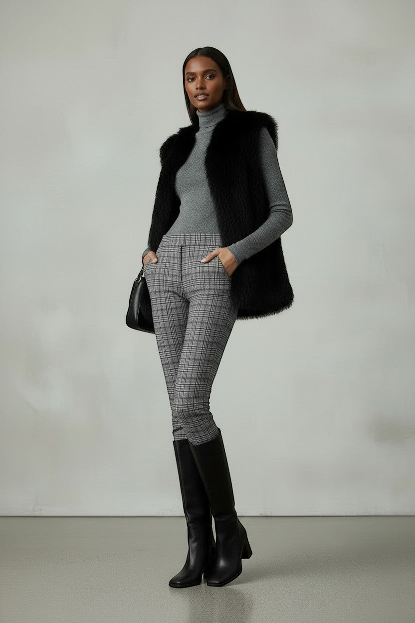Refined Elegance model wearing a black faux fur sleeveless vest over a grey turtleneck and plaid trousers.