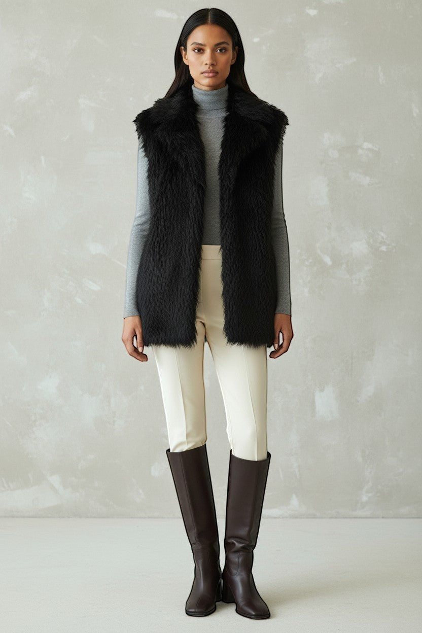 Refined Elegance black faux fur sleeveless vest worn over a grey turtleneck and cream trousers with brown boots