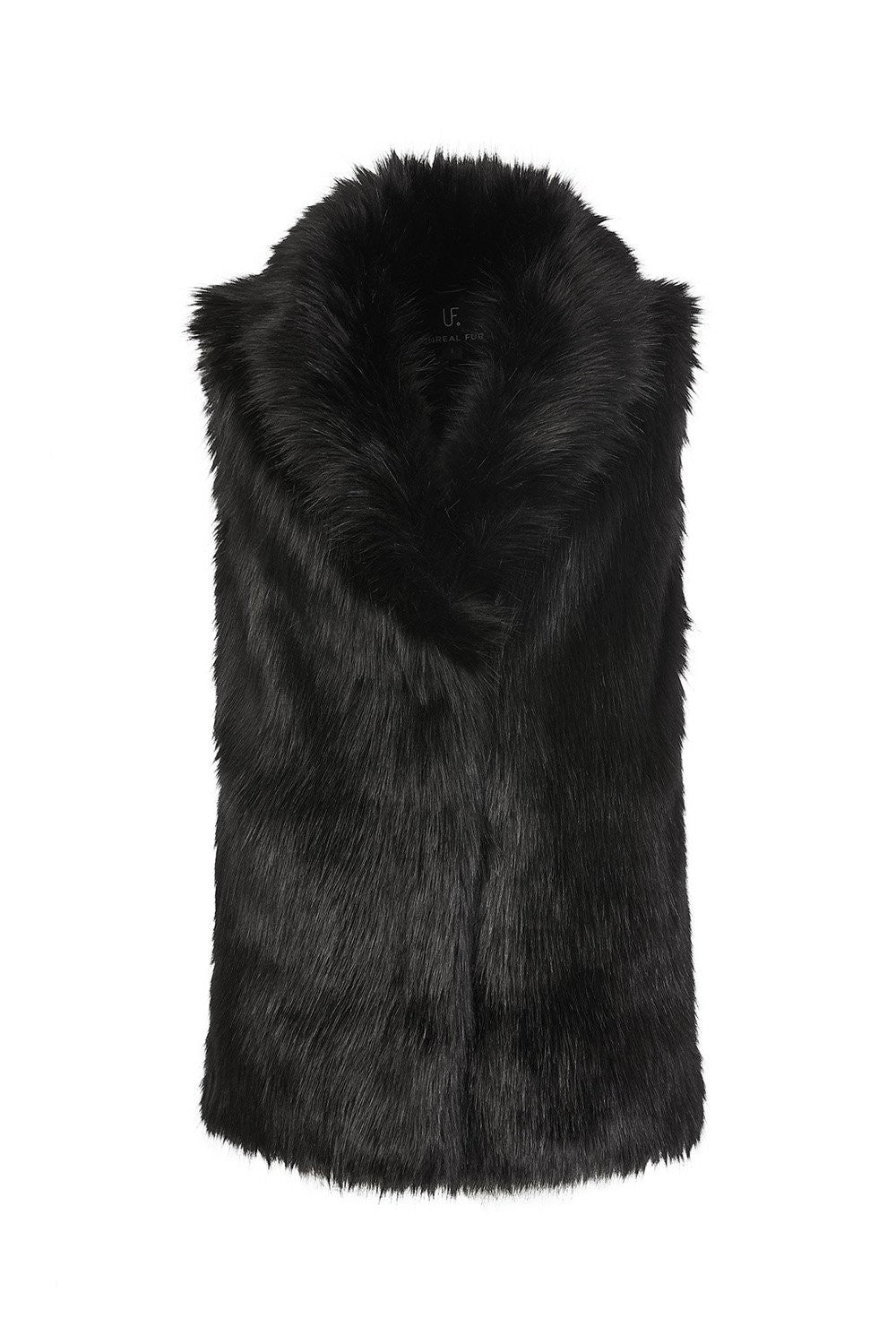 Refined Elegance black sleeveless faux fur vest with a plush texture and open-front design for sophisticated layering.