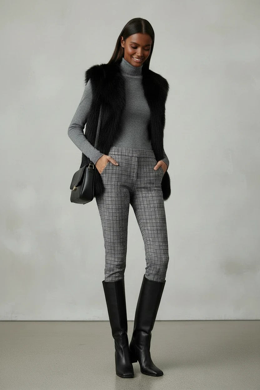 Refined Elegance black faux fur sleeveless vest worn over a grey turtleneck and plaid trousers with black boots.