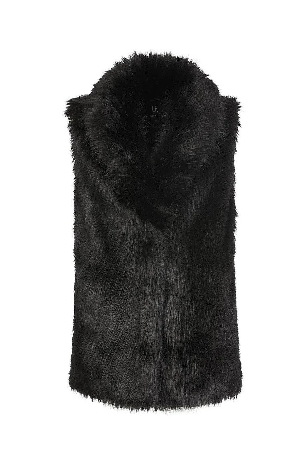 Refined Elegance black faux fur sleeveless vest with a plush high collar and open-front design.