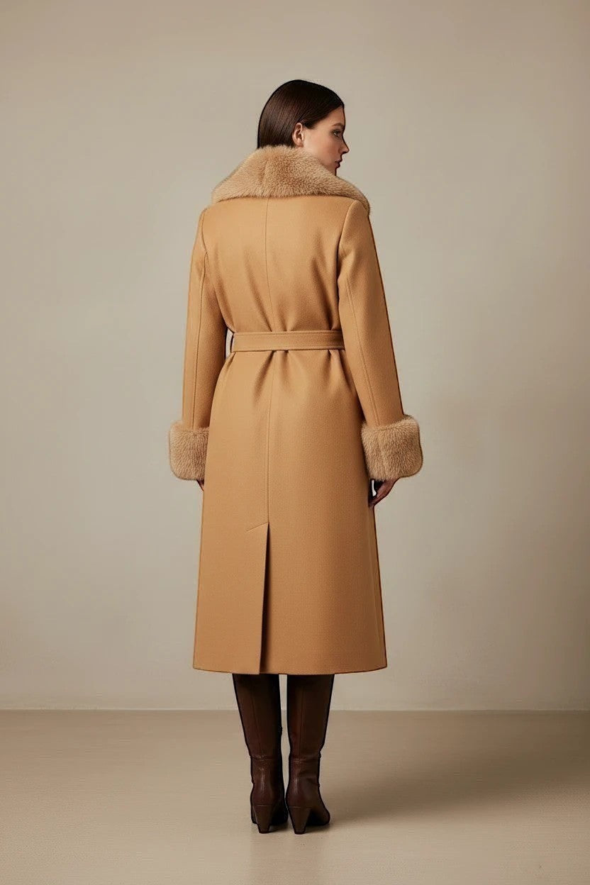 Refined Elegance camel long trench coat with faux fur collar and cuffs, back view on a model wearing brown boots.