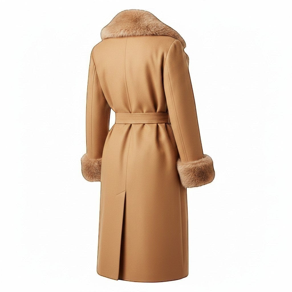 Refined Elegance camel long trench coat with plush faux fur collar and cuffs, shown from the back view.