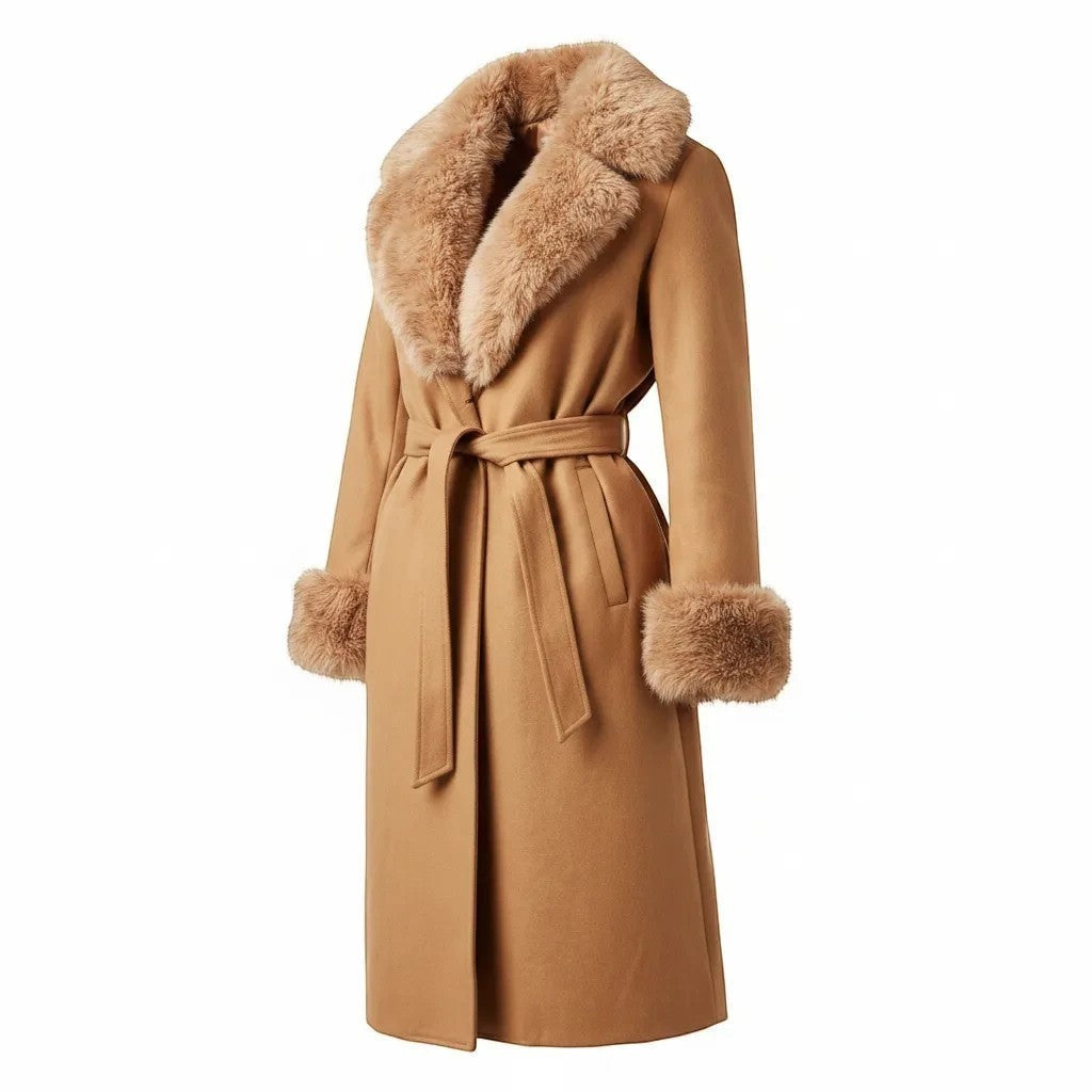 Refined Elegance camel long trench coat with plush faux fur collar and cuffs and an adjustable tie-waist belt.