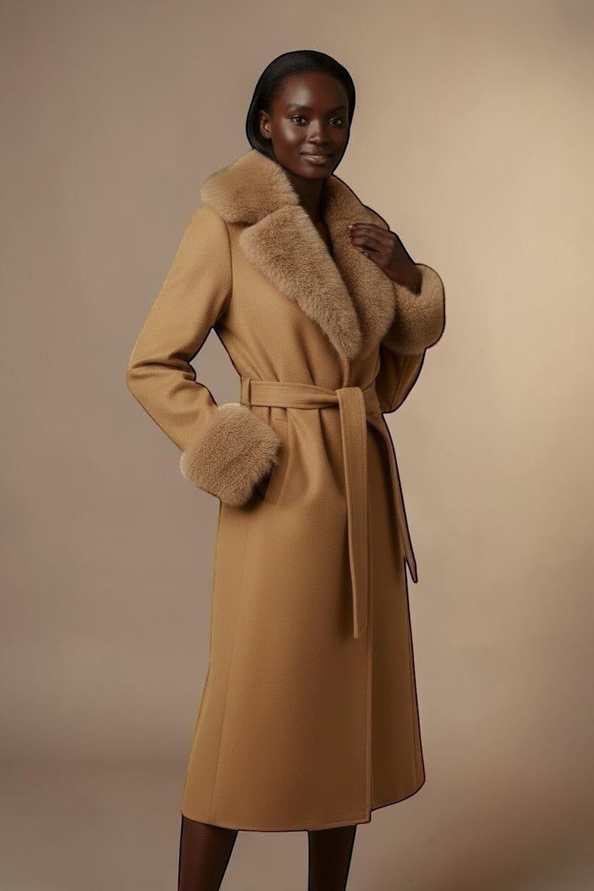 Refined Elegance camel long trench coat with plush faux fur collar and cuffs worn by a model with a belted waist.