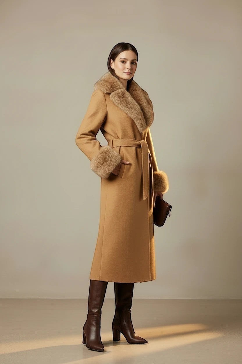 Refined Elegance camel long trench coat with plush faux fur collar and cuffs, belted waist, and brown leather boots.