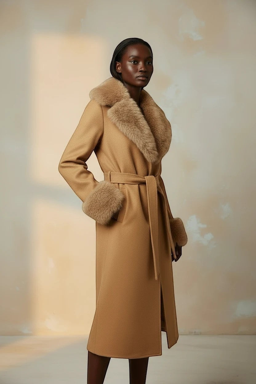 Refined Elegance camel long trench coat with plush faux fur collar and cuffs, featuring a belted waist on a model.