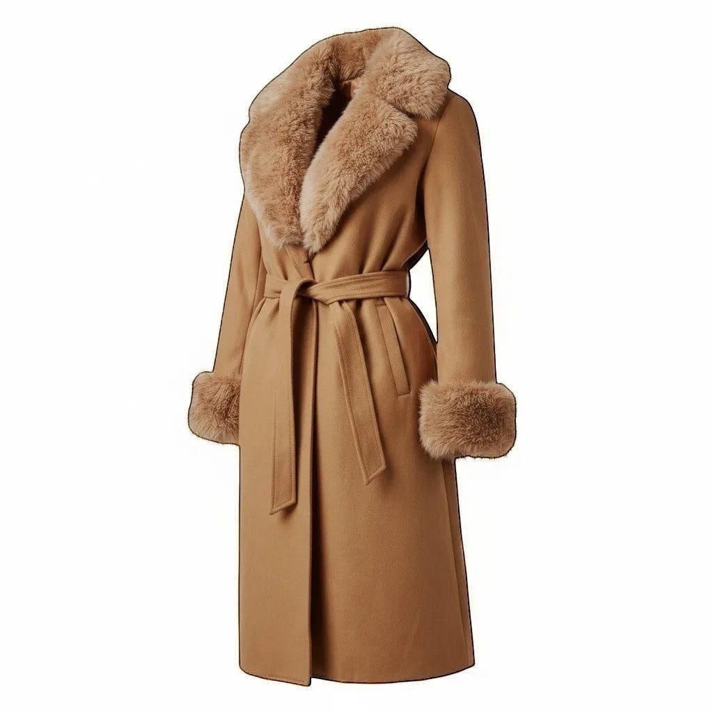 Refined Elegance camel long trench coat featuring plush faux fur trim on the oversized collar and cuffs with a waist belt.