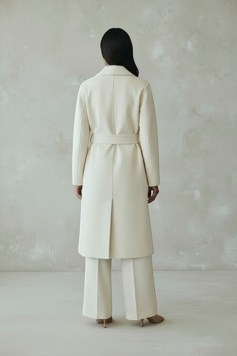 Refined Elegance cream cashmere blend belted coat seen from the back, featuring a tailored silhouette and long hem.