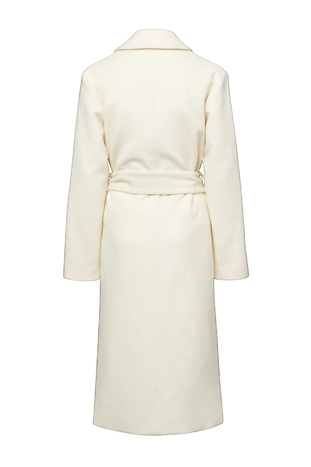 Refined Elegance cream cashmere blend belted coat, back view showing tailored long-line silhouette and waist tie.