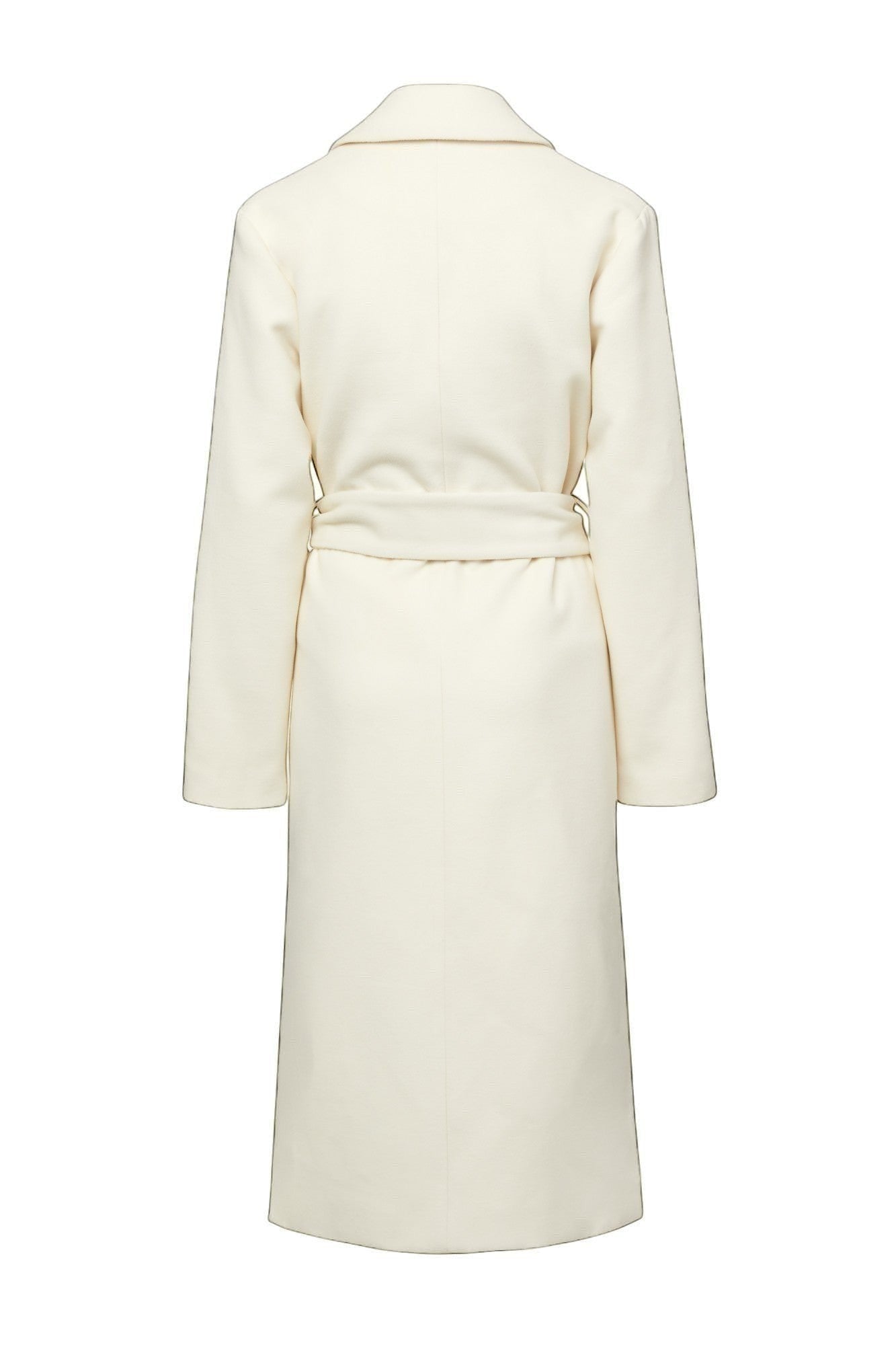 Refined Elegance cream cashmere blend belted coat, back view showing tailored long-line silhouette and waist tie.