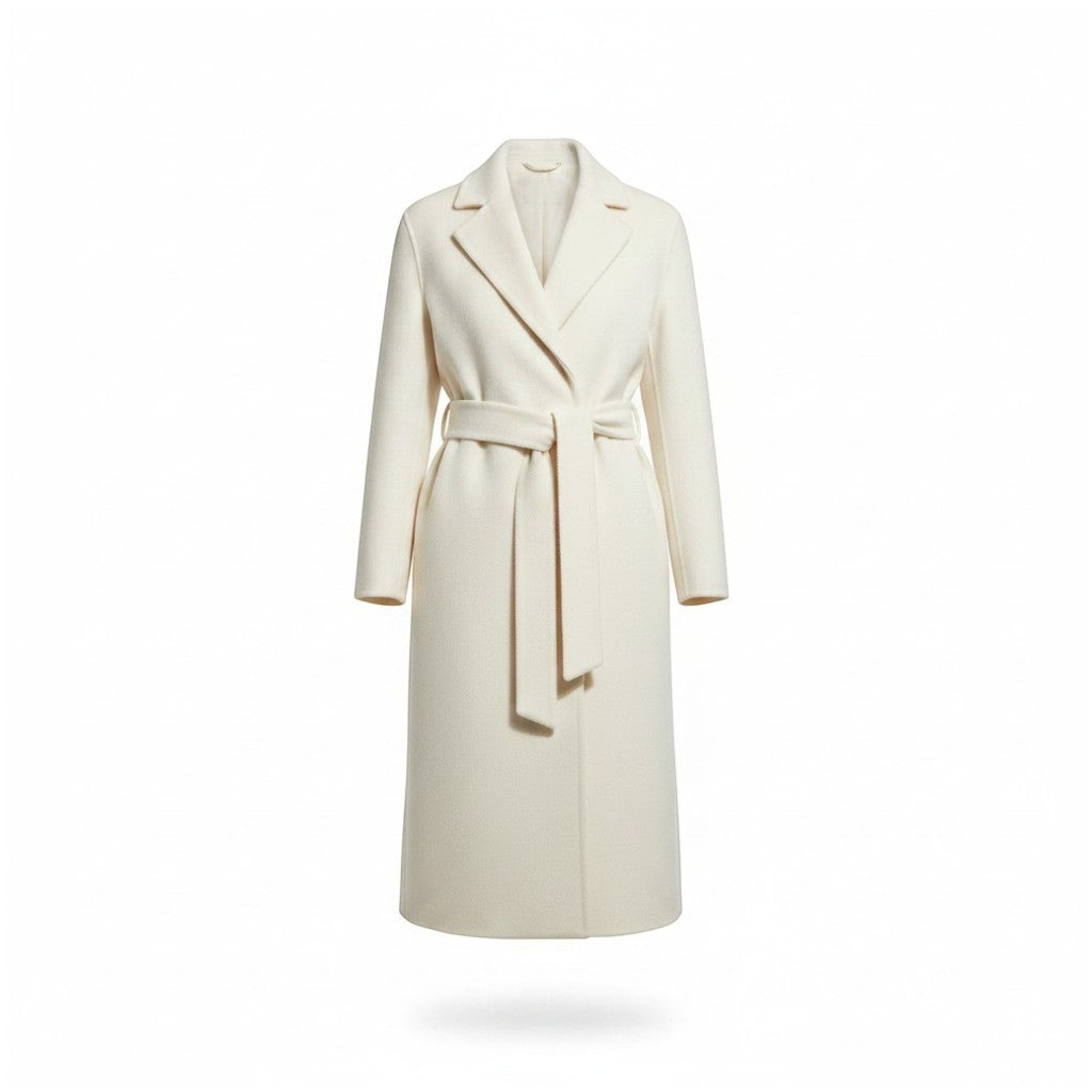 Refined Elegance cream cashmere blend tailored wrap coat with a belted waist and structured lapels.