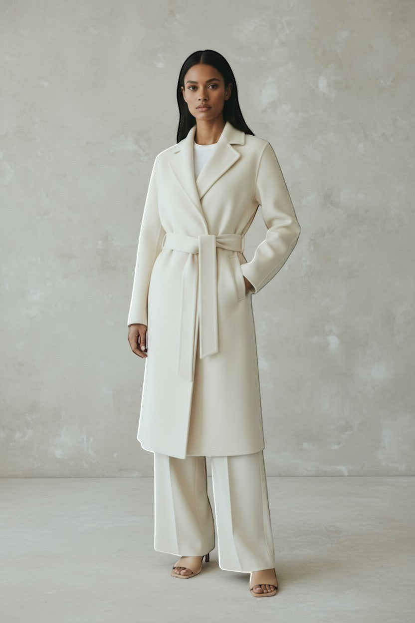 Refined Elegance cream cashmere blend belted wrap coat with structured lapels worn by a model in a neutral studio.