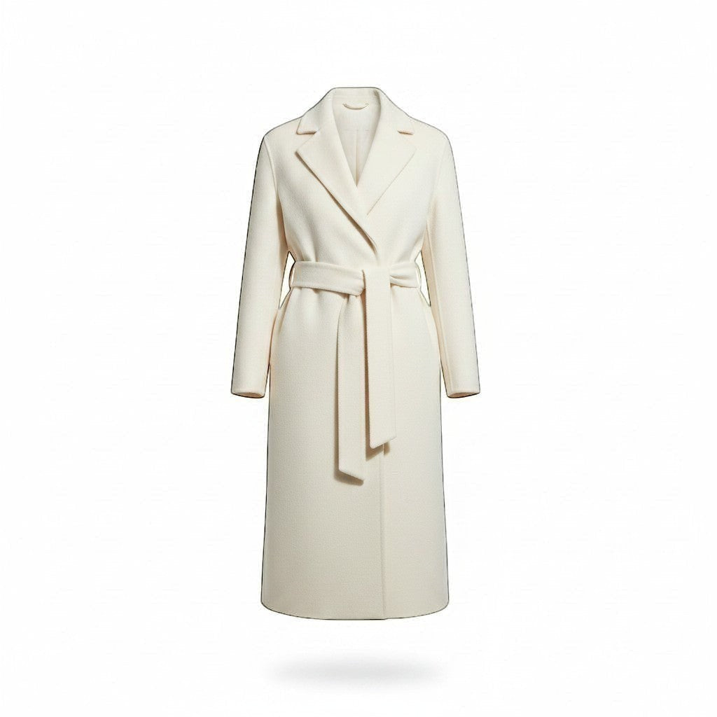 Refined Elegance cream cashmere blend tailored wrap coat with a belted waist and structured lapels.