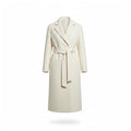 Refined Elegance cream cashmere blend belted wrap coat with sharp lapels and a long-line tailored silhouette.