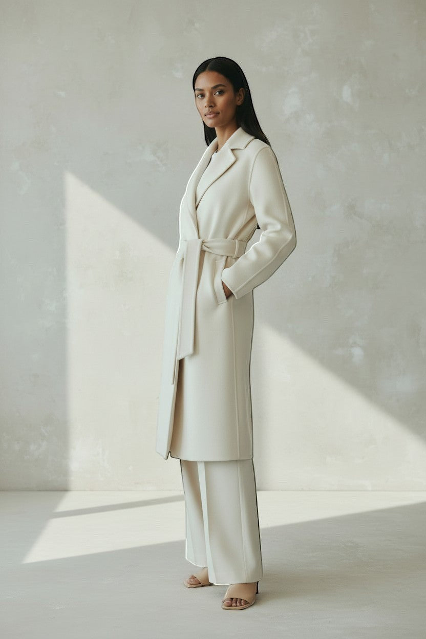 Refined Elegance cream cashmere blend belted wrap coat worn by a model in a minimalist studio setting.