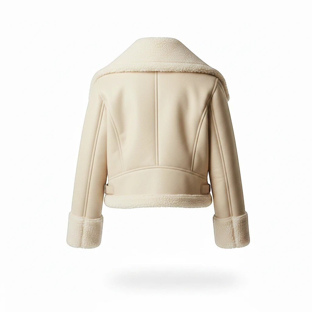 Back view of Refined Elegance cream faux leather biker jacket with plush faux shearling collar and cuffs