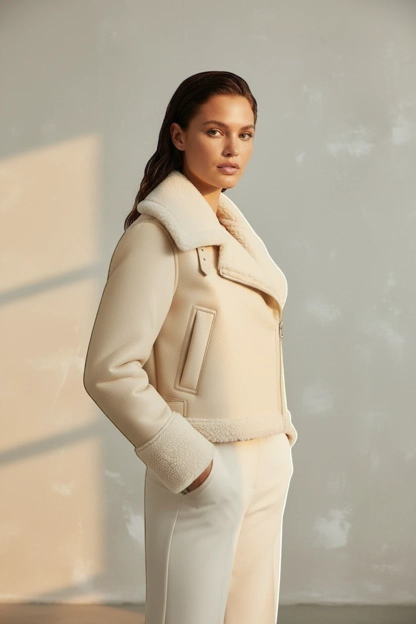 Refined Elegance cream faux leather biker jacket with plush shearling lining and collar worn by a model