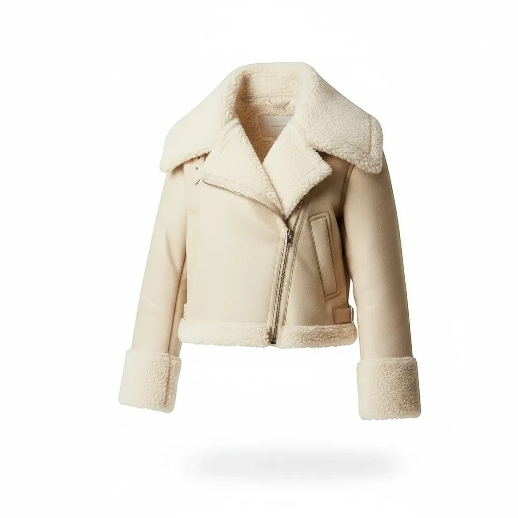 Refined Elegance cream faux leather biker jacket with plush faux shearling lining, notched collar, and zip closure.