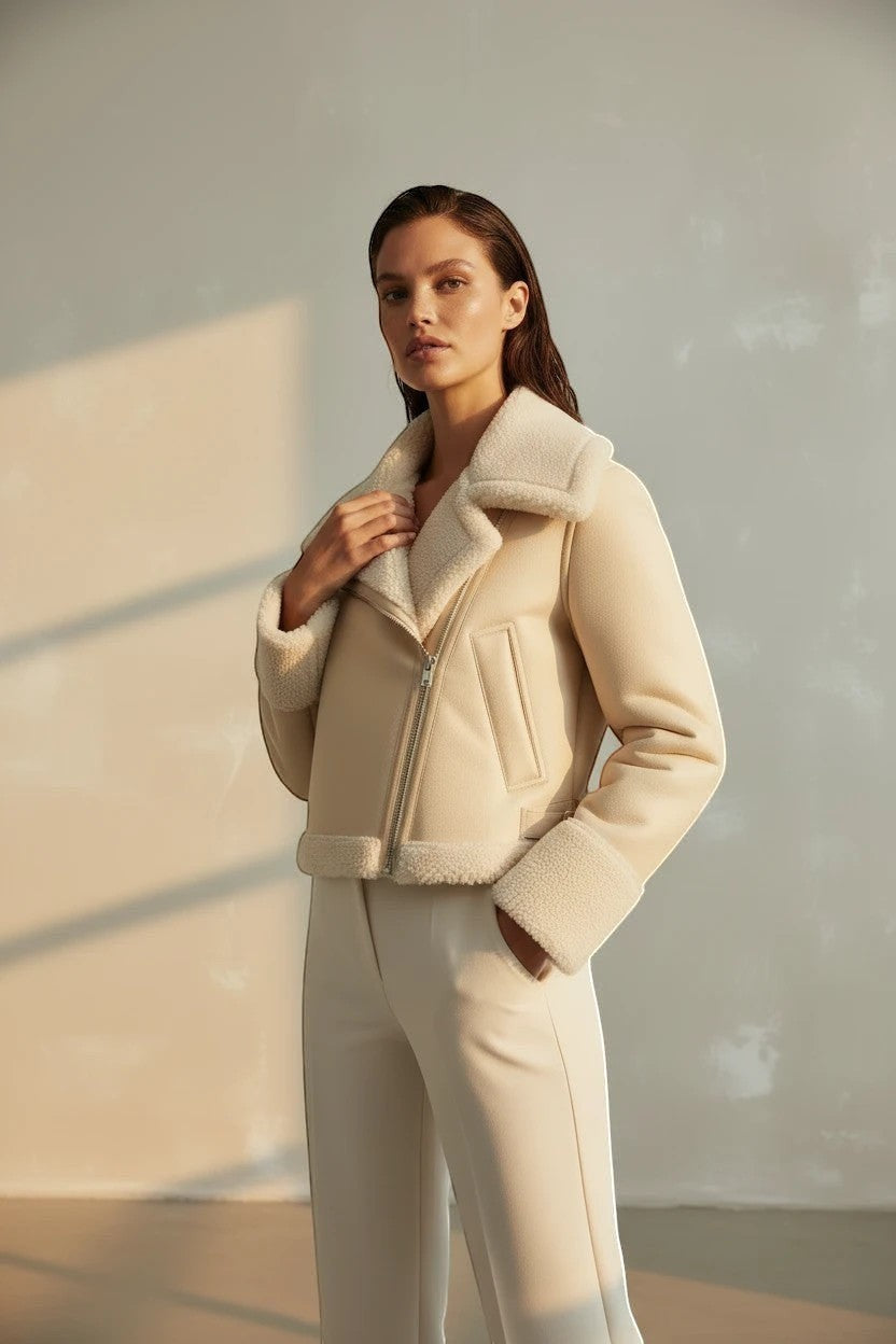 Refined Elegance cream faux shearling biker jacket with asymmetrical zip, notched collar, and plush trim on a model.