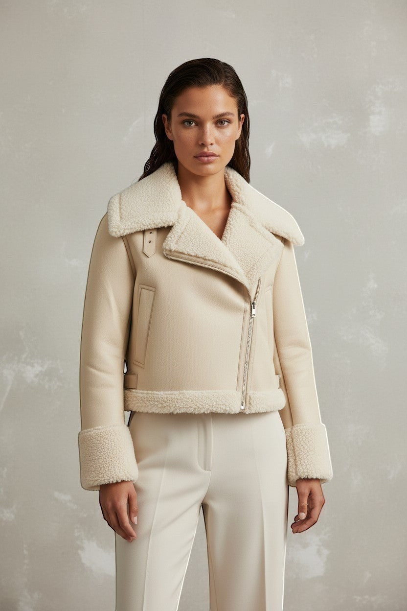 Refined Elegance cream faux leather biker jacket with plush shearling collar and cuffs worn by a model.