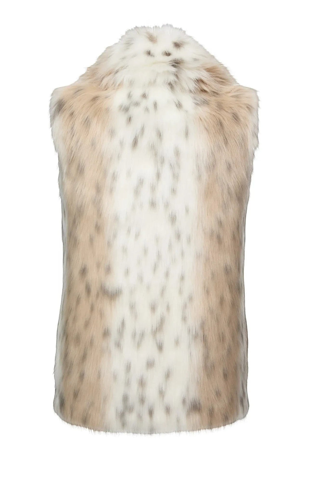 Refined Elegance sleeveless faux fur vest in a cream and taupe mottled pattern, shown from the back.