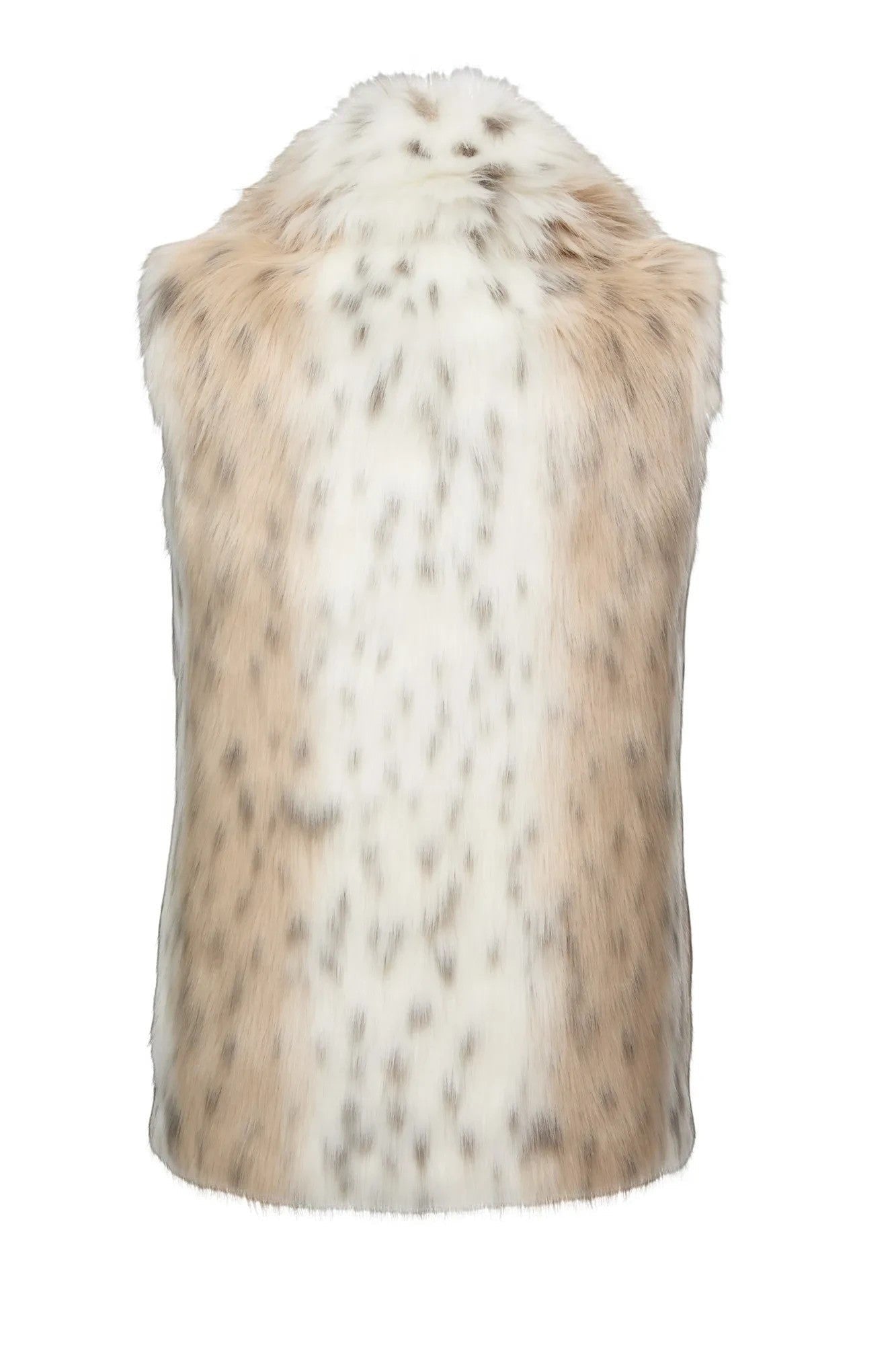 Refined Elegance sleeveless faux fur vest in a cream and taupe mottled pattern, shown from the back.