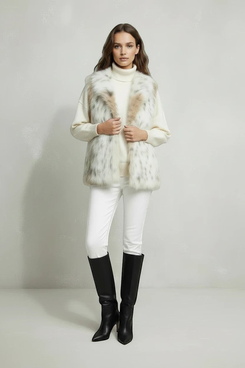 Refined Elegance cream and taupe mottled faux fur vest worn by a model over a white turtleneck and trousers.