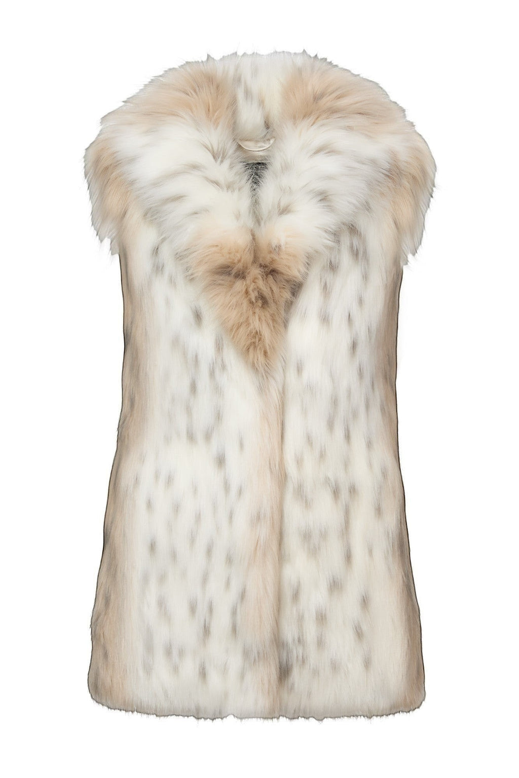Refined Elegance sleeveless faux fur vest in a cream and taupe mottled pattern with a plush oversized collar.