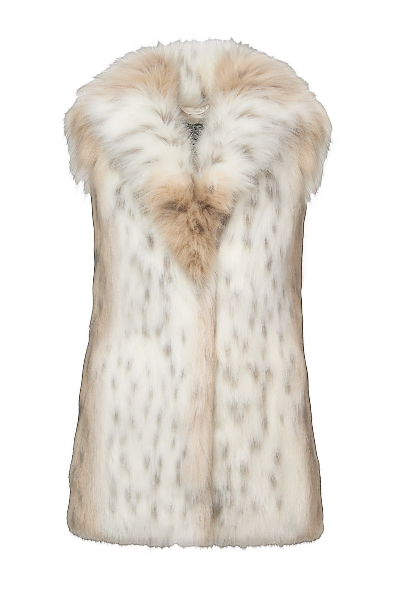 Refined Elegance sleeveless faux fur vest in a cream and taupe mottled pattern with a plush oversized collar.