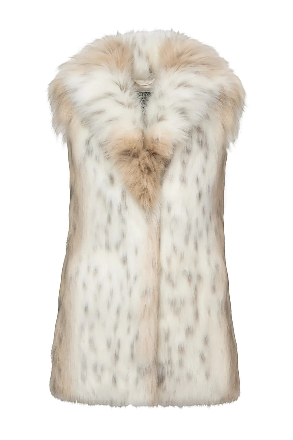 Refined Elegance sleeveless faux fur vest in cream and taupe with a plush mottled pattern and wide collar.