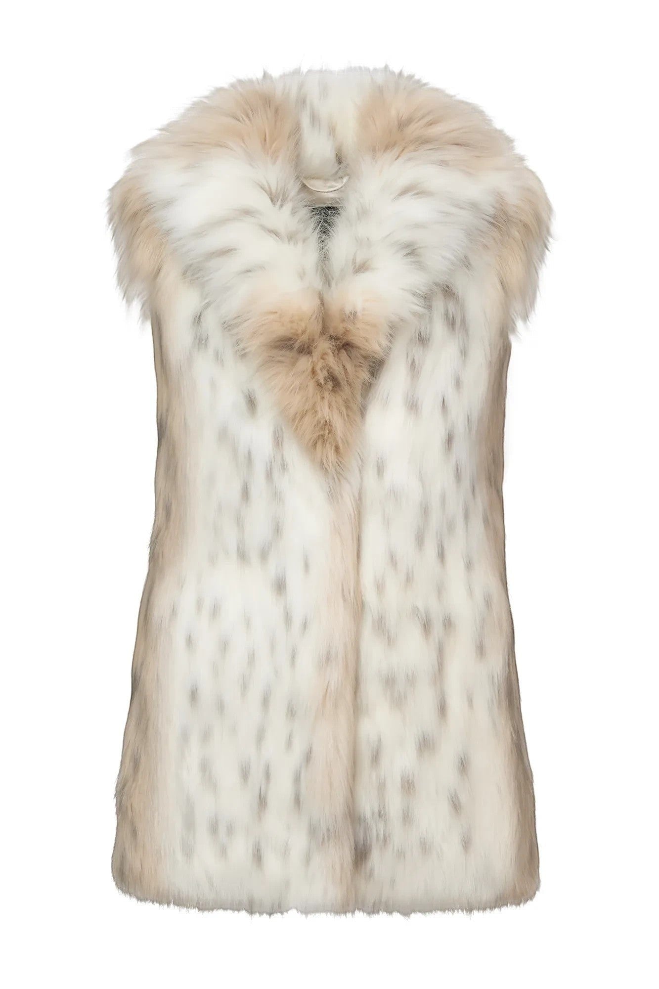Refined Elegance sleeveless faux fur vest in a cream and taupe mottled pattern with a plush shawl collar.
